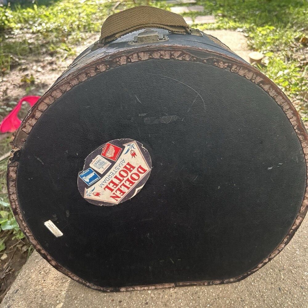 Antique Vintage Suitcase Round Hat Box Train Hard Case 1940s
